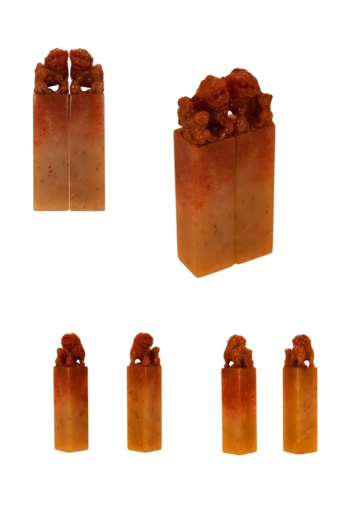 B-033 壽山石桃花紅高山大獅小獅鈕正對章